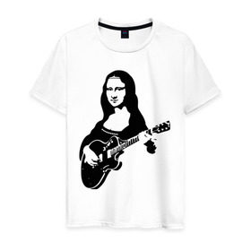 Мужская футболка хлопок с принтом Мона лиза с гитарой в Петрозаводске, 100% хлопок | прямой крой, круглый вырез горловины, длина до линии бедер, слегка спущенное плечо. | гитара