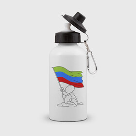 Бутылка спортивная с принтом Дагестан (человек с флагом) в Петрозаводске, металл | емкость — 500 мл, в комплекте две пластиковые крышки и карабин для крепления | 05 регион | даг | дагестан | даги | кавказ | кавказский | кавказцы | флаг