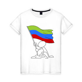 Женская футболка хлопок с принтом Дагестан (человек с флагом) в Петрозаводске, 100% хлопок | прямой крой, круглый вырез горловины, длина до линии бедер, слегка спущенное плечо | 05 регион | даг | дагестан | даги | кавказ | кавказский | кавказцы | флаг