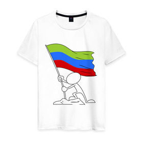 Мужская футболка хлопок с принтом Дагестан (человек с флагом) в Петрозаводске, 100% хлопок | прямой крой, круглый вырез горловины, длина до линии бедер, слегка спущенное плечо. | 05 регион | даг | дагестан | даги | кавказ | кавказский | кавказцы | флаг