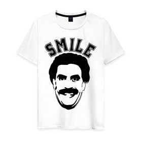 Мужская футболка хлопок с принтом Борат-smile в Петрозаводске, 100% хлопок | прямой крой, круглый вырез горловины, длина до линии бедер, слегка спущенное плечо. | borat smileкавказ | борат | борат smile | кавказцы