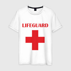 Мужская футболка хлопок с принтом Спасатель в Петрозаводске, 100% хлопок | прямой крой, круглый вырез горловины, длина до линии бедер, слегка спущенное плечо. | lifeguard | врачь | доктор | красный крест | медик | медицина | спасатель