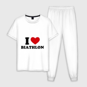 Мужская пижама хлопок с принтом Я люблю Биатлон — I love Biathlon в Петрозаводске, 100% хлопок | брюки и футболка прямого кроя, без карманов, на брюках мягкая резинка на поясе и по низу штанин
 | биатлон | биатлонисты | я люблю