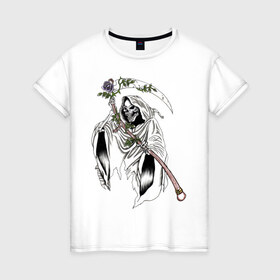 Женская футболка хлопок с принтом Death (1) в Петрозаводске, 100% хлопок | прямой крой, круглый вырез горловины, длина до линии бедер, слегка спущенное плечо | скелет