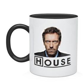 Кружка двухцветная с принтом Gregory House M.D. в Петрозаводске, керамика | объем — 330 мл, диаметр — 80 мм. Цветная ручка и кайма сверху, в некоторых цветах — вся внутренняя часть | Тематика изображения на принте: everybody lies | haus | house | все лгут | доктор | хауз | хаус | хью лори