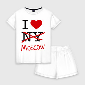 Женская пижама с шортиками хлопок с принтом I love Moscow (2) в Петрозаводске, 100% хлопок | футболка прямого кроя, шорты свободные с широкой мягкой резинкой | i love | i love moscow | i love new york | moscow | new york | москва | нью йорк | столица | я люблю москву | я люблю нью йорк