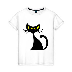 Женская футболка хлопок с принтом Хитрая кошка в Петрозаводске, 100% хлопок | прямой крой, круглый вырез горловины, длина до линии бедер, слегка спущенное плечо | взгляд | глаза | кошка | хитрая кошка | черная кошка