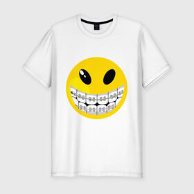 Мужская футболка премиум с принтом Смайл с брекетами в Петрозаводске, 92% хлопок, 8% лайкра | приталенный силуэт, круглый вырез ворота, длина до линии бедра, короткий рукав | smile | брекеты | зубы | смайл | смайлик | улыбка