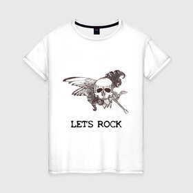 Женская футболка хлопок с принтом Let`s rock (2) в Петрозаводске, 100% хлопок | прямой крой, круглый вырез горловины, длина до линии бедер, слегка спущенное плечо | крылья | скелет
