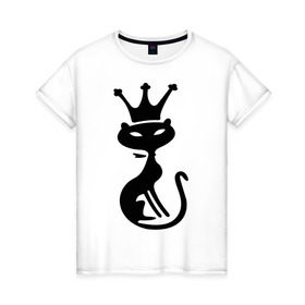 Женская футболка хлопок с принтом Кошка королева в Петрозаводске, 100% хлопок | прямой крой, круглый вырез горловины, длина до линии бедер, слегка спущенное плечо | cat | девушкам | для девушек | королева | корона | кошка | кошки | царица | черная кошка