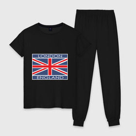 Женская пижама хлопок с принтом London - Лондон с флагом Англии в Петрозаводске, 100% хлопок | брюки и футболка прямого кроя, без карманов, на брюках мягкая резинка на поясе и по низу штанин | Тематика изображения на принте: лондон
