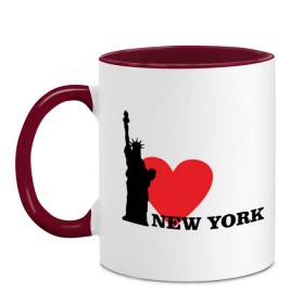 Кружка двухцветная с принтом I love New York (NY Freedom) в Петрозаводске, керамика | объем — 330 мл, диаметр — 80 мм. Цветная ручка и кайма сверху, в некоторых цветах — вся внутренняя часть | Тематика изображения на принте: america | cша | i love ny | new york | usa | америка | нью йорк | статуя свободы