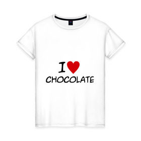 Женская футболка хлопок с принтом Chocolate в Петрозаводске, 100% хлопок | прямой крой, круглый вырез горловины, длина до линии бедер, слегка спущенное плечо | chocolate | i love | вкуснятина | конфеты | люблю шоколад | сладкое | сладкоежка | сладости | шоколад | шоколадный