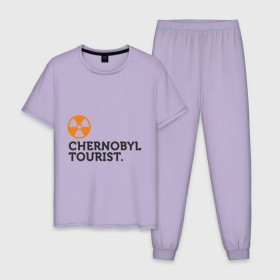 Мужская пижама хлопок с принтом Chernobyl tourist в Петрозаводске, 100% хлопок | брюки и футболка прямого кроя, без карманов, на брюках мягкая резинка на поясе и по низу штанин
 | Тематика изображения на принте: chernobyl tourist | аэс | радиация | турист | чернобыль