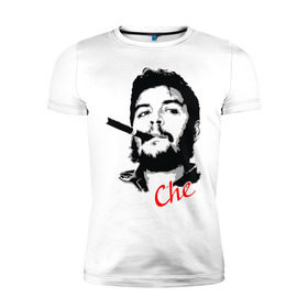 Мужская футболка премиум с принтом Че Гевара с сигарой в Петрозаводске, 92% хлопок, 8% лайкра | приталенный силуэт, круглый вырез ворота, длина до линии бедра, короткий рукав | che | guevara | гевара | куба | личность | революция | че