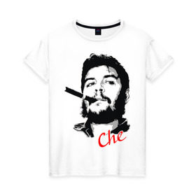 Женская футболка хлопок с принтом Че Гевара с сигарой в Петрозаводске, 100% хлопок | прямой крой, круглый вырез горловины, длина до линии бедер, слегка спущенное плечо | che | guevara | гевара | куба | личность | революция | че