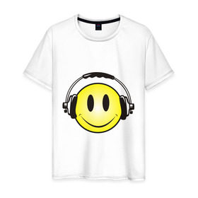 Мужская футболка хлопок с принтом Смайл в наушниках (2) в Петрозаводске, 100% хлопок | прямой крой, круглый вырез горловины, длина до линии бедер, слегка спущенное плечо. | smile | смайл | смайлик | улыбка | шаушники