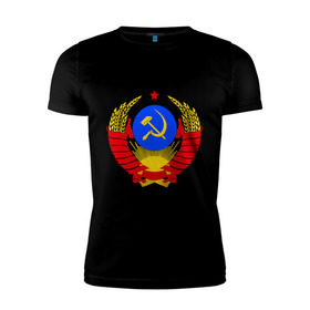 Мужская футболка премиум с принтом СССР (5) в Петрозаводске, 92% хлопок, 8% лайкра | приталенный силуэт, круглый вырез ворота, длина до линии бедра, короткий рукав | герб | коммунизм | молот | серп | советский | союз | ссср