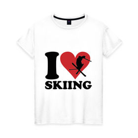Женская футболка хлопок с принтом I love skiing - Я люблю кататься на лыжах в Петрозаводске, 100% хлопок | прямой крой, круглый вырез горловины, длина до линии бедер, слегка спущенное плечо | Тематика изображения на принте: i love | love skiing | зима | зимние виды спорта | каткться | лыжи | лыжник | люблю лыжи