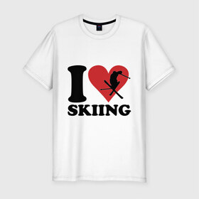 Мужская футболка премиум с принтом I love skiing - Я люблю кататься на лыжах в Петрозаводске, 92% хлопок, 8% лайкра | приталенный силуэт, круглый вырез ворота, длина до линии бедра, короткий рукав | i love | love skiing | зима | зимние виды спорта | каткться | лыжи | лыжник | люблю лыжи