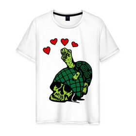 Мужская футболка хлопок с принтом Turtle `s Love в Петрозаводске, 100% хлопок | прямой крой, круглый вырез горловины, длина до линии бедер, слегка спущенное плечо. | turtles love | каска | любовь | черепаха | черепашка | черепашки