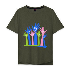 Мужская футболка хлопок Oversize с принтом Hands Up в Петрозаводске, 100% хлопок | свободный крой, круглый ворот, “спинка” длиннее передней части | Тематика изображения на принте: glow | hands | up | вверх | руки | светяться | светящиеся | стетиться