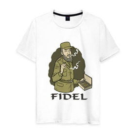 Мужская футболка хлопок с принтом Fidel Castro - Фидель Кастро в Петрозаводске, 100% хлопок | прямой крой, круглый вырез горловины, длина до линии бедер, слегка спущенное плечо. | Тематика изображения на принте: castro | cuba | fidel | кастро | куба | лидер | фидель