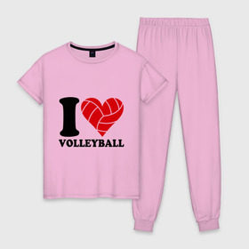 Женская пижама хлопок с принтом I love volleyball - Я люблю волейбол в Петрозаводске, 100% хлопок | брюки и футболка прямого кроя, без карманов, на брюках мягкая резинка на поясе и по низу штанин | волейбол
