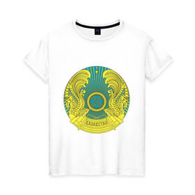 Женская футболка хлопок с принтом Казахстан герб в Петрозаводске, 100% хлопок | прямой крой, круглый вырез горловины, длина до линии бедер, слегка спущенное плечо | герб | государство | казахстан | символ | снг | страна