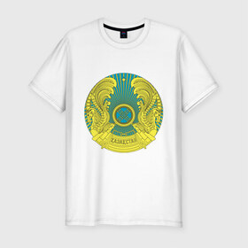 Мужская футболка премиум с принтом Казахстан герб в Петрозаводске, 92% хлопок, 8% лайкра | приталенный силуэт, круглый вырез ворота, длина до линии бедра, короткий рукав | герб | государство | казахстан | символ | снг | страна