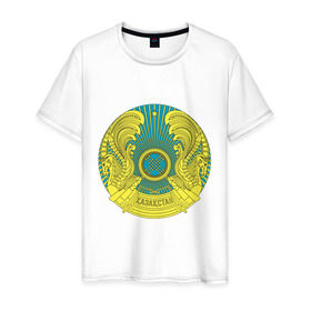Мужская футболка хлопок с принтом Казахстан герб в Петрозаводске, 100% хлопок | прямой крой, круглый вырез горловины, длина до линии бедер, слегка спущенное плечо. | герб | государство | казахстан | символ | снг | страна