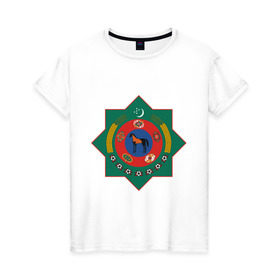 Женская футболка хлопок с принтом Туркмения герб в Петрозаводске, 100% хлопок | прямой крой, круглый вырез горловины, длина до линии бедер, слегка спущенное плечо | герб | государство | символ | снг | страна | туркмения