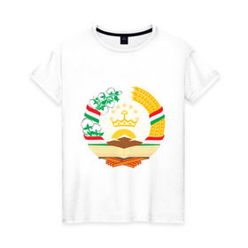Женская футболка хлопок с принтом Таджикистан герб в Петрозаводске, 100% хлопок | прямой крой, круглый вырез горловины, длина до линии бедер, слегка спущенное плечо | герб | государство | символ | снг | страна | таджикинстан