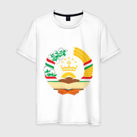 Мужская футболка хлопок с принтом Таджикистан герб в Петрозаводске, 100% хлопок | прямой крой, круглый вырез горловины, длина до линии бедер, слегка спущенное плечо. | герб | государство | символ | снг | страна | таджикинстан