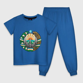 Детская пижама хлопок с принтом Узбекистан герб в Петрозаводске, 100% хлопок |  брюки и футболка прямого кроя, без карманов, на брюках мягкая резинка на поясе и по низу штанин
 | Тематика изображения на принте: герб | государство | символ | снг | страна | узбекистан