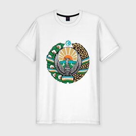 Мужская футболка премиум с принтом Узбекистан герб в Петрозаводске, 92% хлопок, 8% лайкра | приталенный силуэт, круглый вырез ворота, длина до линии бедра, короткий рукав | герб | государство | символ | снг | страна | узбекистан