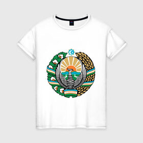 Женская футболка хлопок с принтом Узбекистан герб в Петрозаводске, 100% хлопок | прямой крой, круглый вырез горловины, длина до линии бедер, слегка спущенное плечо | герб | государство | символ | снг | страна | узбекистан
