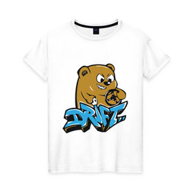 Женская футболка хлопок с принтом Drift bear в Петрозаводске, 100% хлопок | прямой крой, круглый вырез горловины, длина до линии бедер, слегка спущенное плечо | auto | drift bear | авто | автомобильные | машины | медведь | тачки | тюнинг