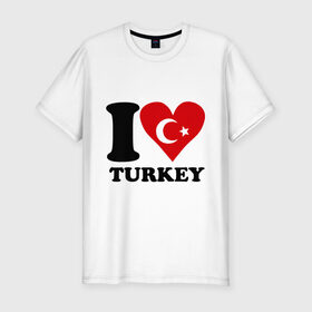 Мужская футболка премиум с принтом I love turkey в Петрозаводске, 92% хлопок, 8% лайкра | приталенный силуэт, круглый вырез ворота, длина до линии бедра, короткий рукав | Тематика изображения на принте: i love turkey | полумесяц | турция | флаги | я люблю