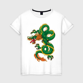 Женская футболка хлопок с принтом Зелёный дракон в Петрозаводске, 100% хлопок | прямой крой, круглый вырез горловины, длина до линии бедер, слегка спущенное плечо | 