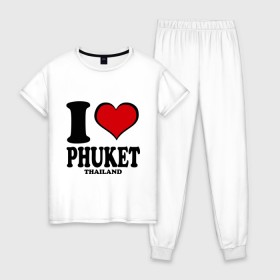 Женская пижама хлопок с принтом I love Phuket в Петрозаводске, 100% хлопок | брюки и футболка прямого кроя, без карманов, на брюках мягкая резинка на поясе и по низу штанин | слон
