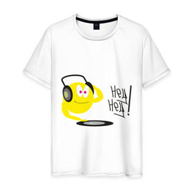 Мужская футболка хлопок с принтом Hey DJ! в Петрозаводске, 100% хлопок | прямой крой, круглый вырез горловины, длина до линии бедер, слегка спущенное плечо. | Тематика изображения на принте: deejay | hey | вертушки | диджей | пластинка | привет