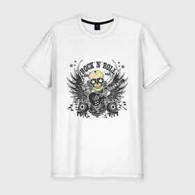 Мужская футболка премиум с принтом Rock `n `Roll в Петрозаводске, 92% хлопок, 8% лайкра | приталенный силуэт, круглый вырез ворота, длина до линии бедра, короткий рукав | гитара | крылья