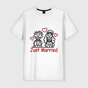 Мужская футболка премиум с принтом Just married (Молодожены) в Петрозаводске, 92% хлопок, 8% лайкра | приталенный силуэт, круглый вырез ворота, длина до линии бедра, короткий рукав | Тематика изображения на принте: just married | джаст мэрид | жених | молодоженам | молодожены | невеста | свадьба