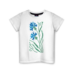 Детская футболка хлопок с принтом Василек-вышивка в Петрозаводске, 100% хлопок | круглый вырез горловины, полуприлегающий силуэт, длина до линии бедер | василек | вышивать | вышивка | крестик | крестиком | цветок | цветочки | цветы