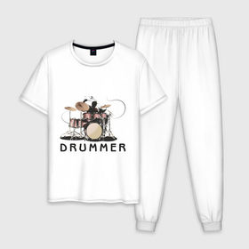 Мужская пижама хлопок с принтом Drummer в Петрозаводске, 100% хлопок | брюки и футболка прямого кроя, без карманов, на брюках мягкая резинка на поясе и по низу штанин
 | drummer | барабанщик | барабаны | драммер | ударник | ударные