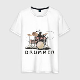 Мужская футболка хлопок с принтом Drummer в Петрозаводске, 100% хлопок | прямой крой, круглый вырез горловины, длина до линии бедер, слегка спущенное плечо. | drummer | барабанщик | барабаны | драммер | ударник | ударные