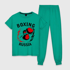 Женская пижама хлопок с принтом Boxing russia forever в Петрозаводске, 100% хлопок | брюки и футболка прямого кроя, без карманов, на брюках мягкая резинка на поясе и по низу штанин | 