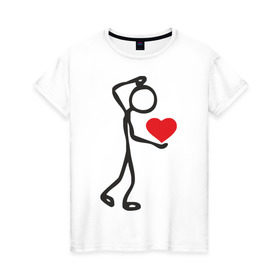 Женская футболка хлопок с принтом Человечек с сердцем (2) в Петрозаводске, 100% хлопок | прямой крой, круглый вырез горловины, длина до линии бедер, слегка спущенное плечо | влюбленный | сердечко в руках | сердце | сердце в руках | человечек