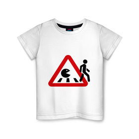 Детская футболка хлопок с принтом Хищный pacman в Петрозаводске, 100% хлопок | круглый вырез горловины, полуприлегающий силуэт, длина до линии бедер | pacman | голодный колобок.пэкмен | дорожные знаки | пакмен | пешеход